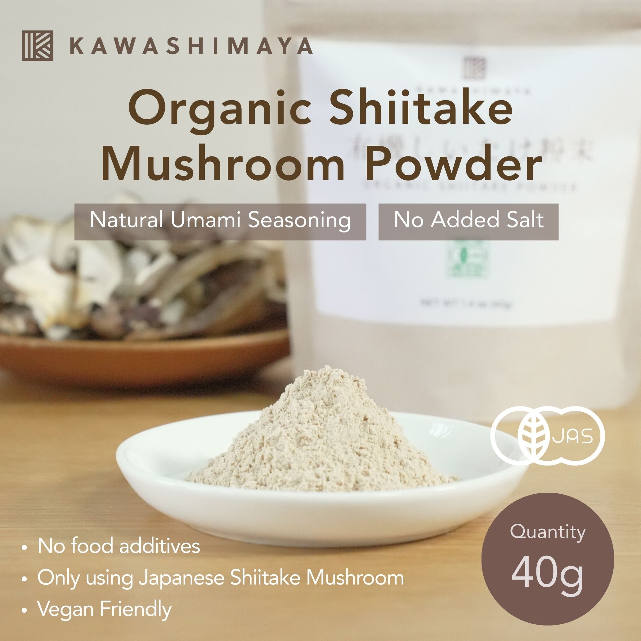 Organic Shiitake Mushroom Powder 40g - No MSG, Salt, and Sugar - Vegan, Made in Japan